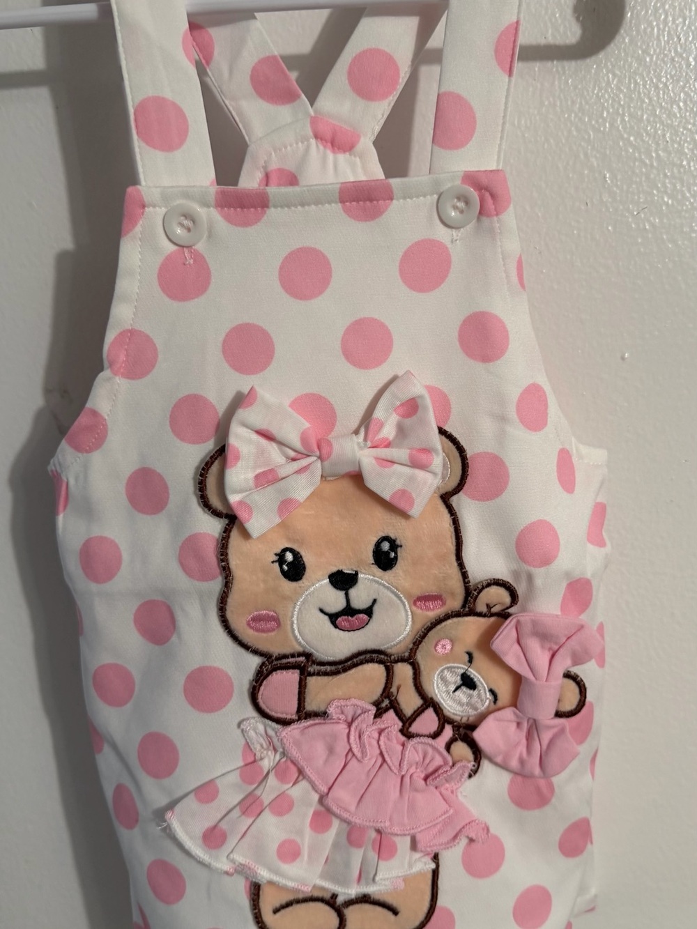 Girls White and Pink Polka Dot Bear Appliqué Overalls